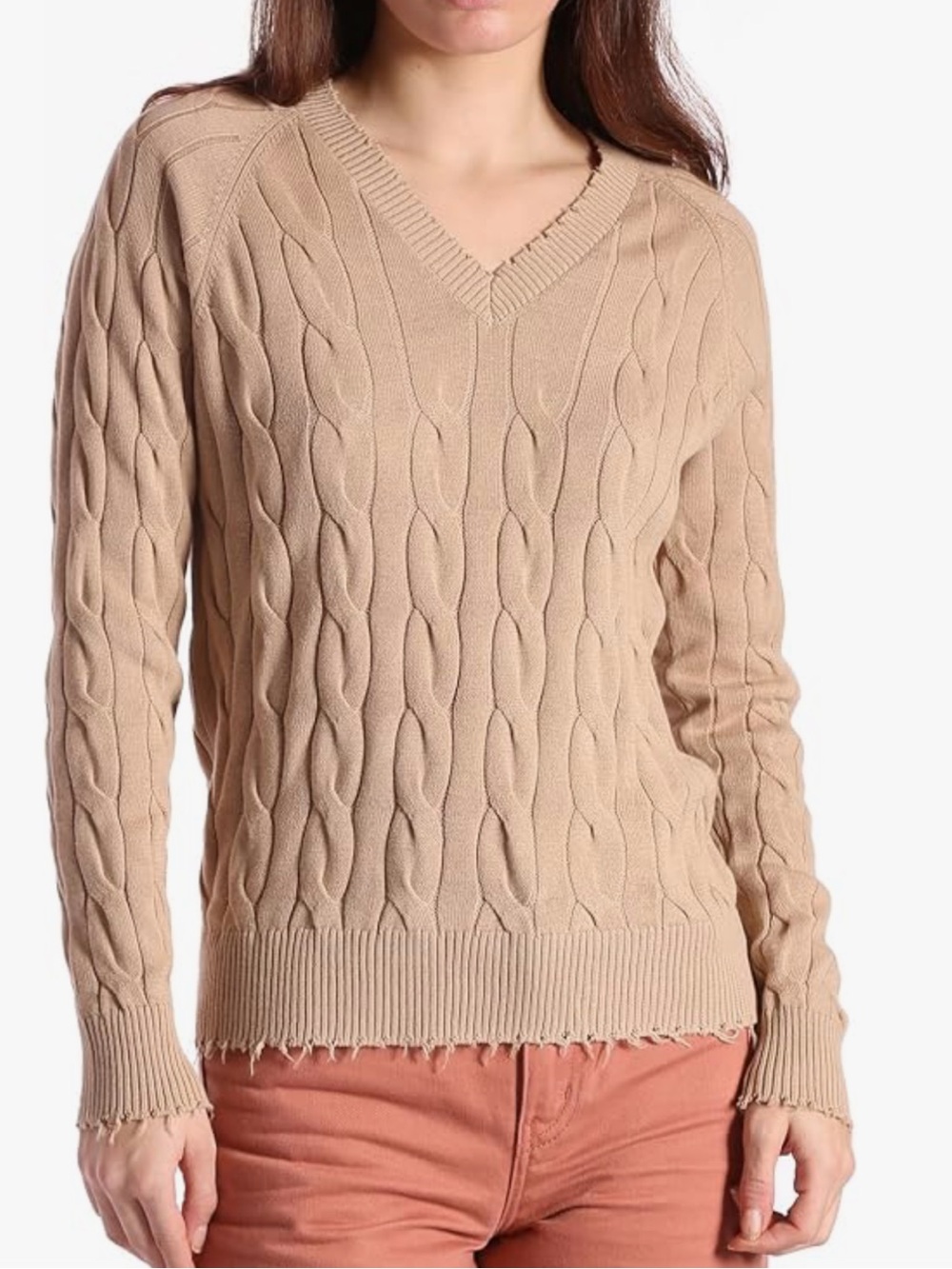 Minnie Rose Cotton Cable Knit V-Neck Frayed Edges Tan Sweater Size Small